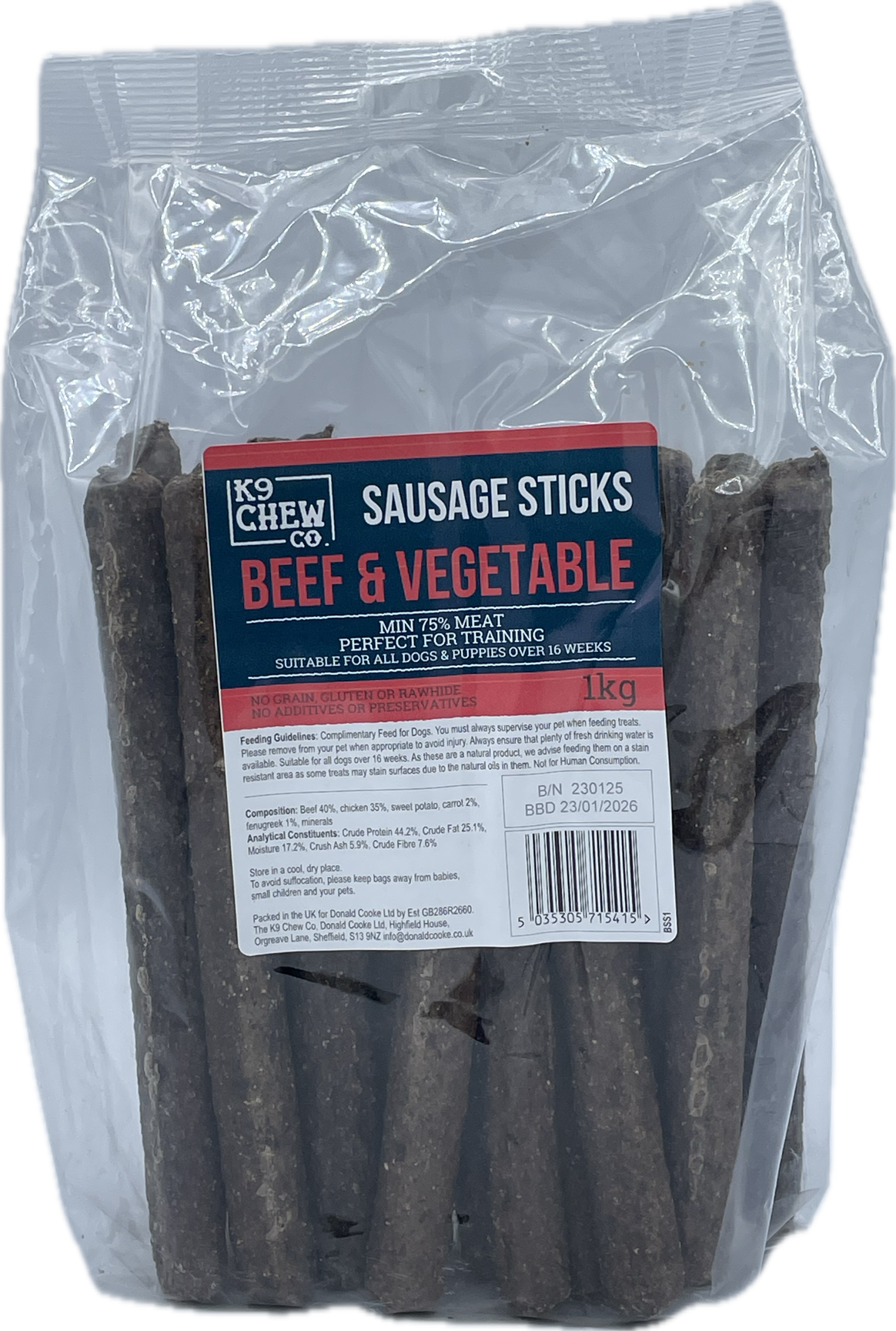 K9 Chew Co. Beef & Veg Sausage Sticks 1kg (App 20 pc)