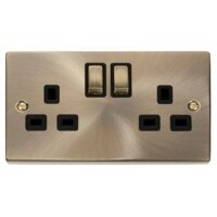 CLICK DECO ANTIQUE BRASS 13A 2 GANG 250V DOUBLE POLE SWITCHED SAFETY SHUTTER SOCKET BLACK