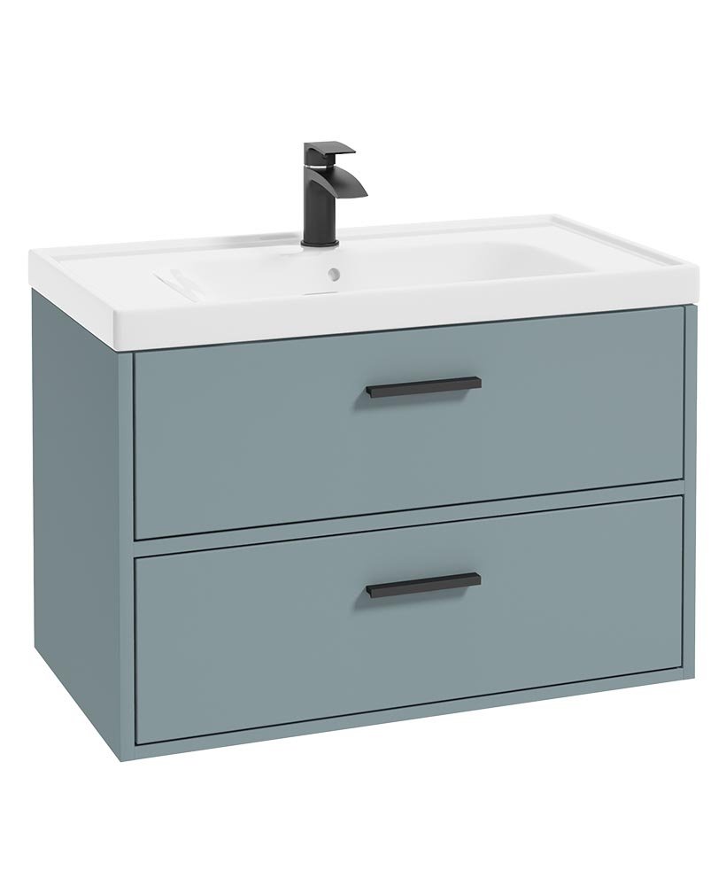 FINLAND 80CM TWO DRAWER WALL HUNG MATT CORAL GREEN VANITY UNIT - MATT BLACK HANDLE