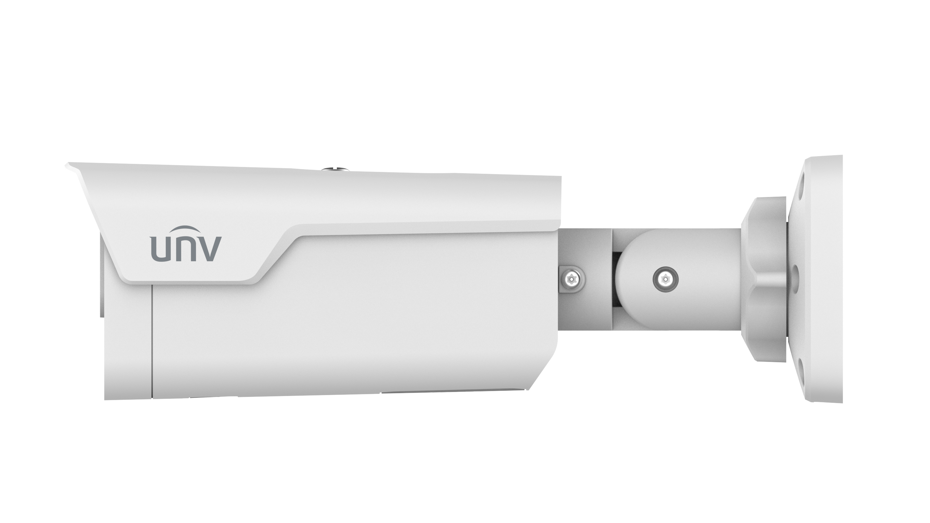 Uniview OwlView Plus IPC2B14SE bullet camera front view with warm light LEDs  Side profile of IPC2B14SE-ADF28K-WP-I1 camera showing mounting bracket and