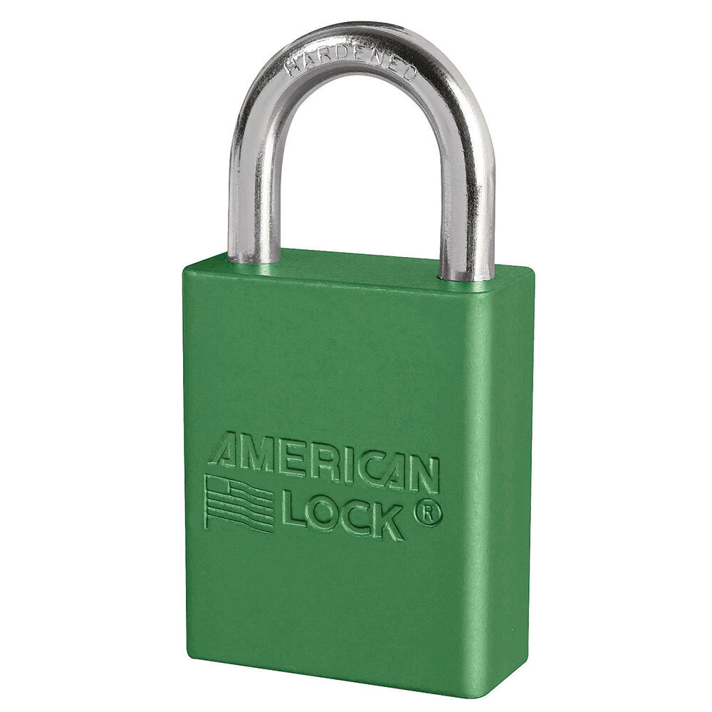 Master Lock Green anodized aluminum safety padlock, 38mm wide with 25mm tall shackle, key retaining safety...