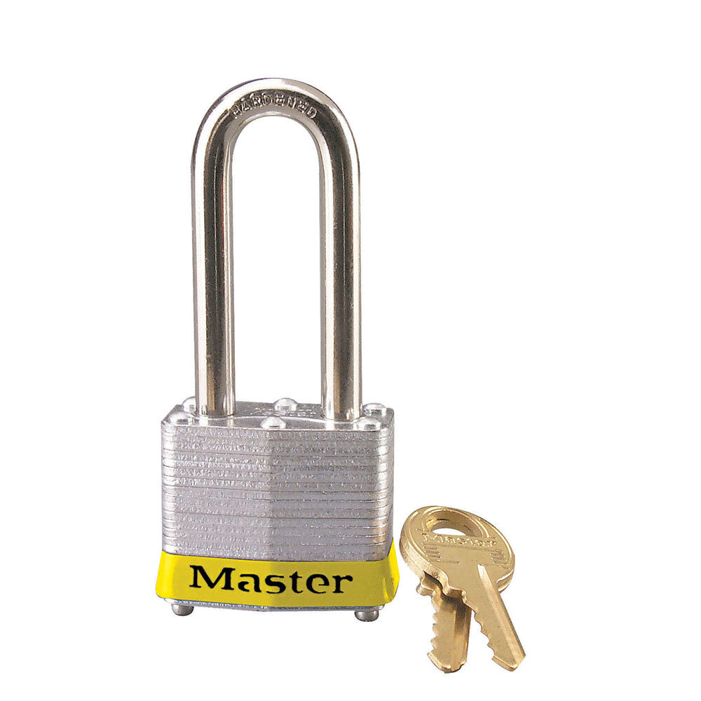 Master Lock Yellow laminated steel safety padlock, 40mm wide with 51mm tall shackle, keyed alike
