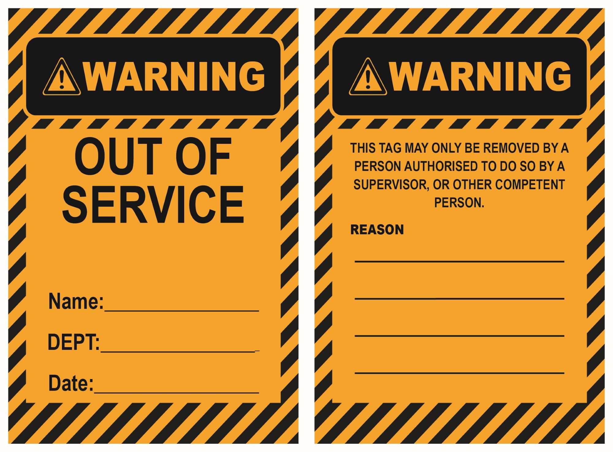 WARNING Out Of Service Tag, Pack 25
