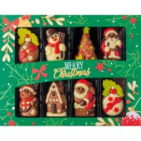 Decorated solid milk choc Christmas caraques in gift box - 8 x 80g