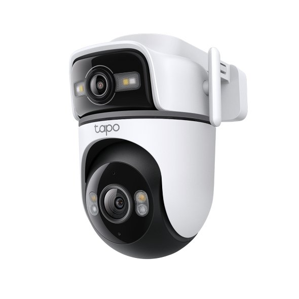 TC47 Outdoor Dual Lens Pan Tilt Security Camera front view showing dual lens design and weather resistant housing