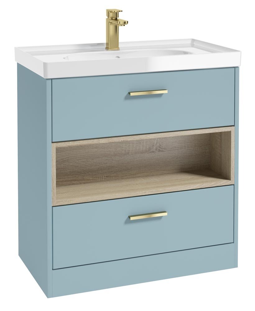 MALMO 80CM TWO DRAWER FLOOR STANDING MORNING SKY BLUE MATT VANITY UNIT GLOSS BASIN - BRUSHED GOLD HANDLE
