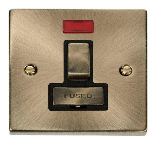Click Deco 13A Switched Fused Spur + Neon Antique Brass Black Insert VPAB752BK