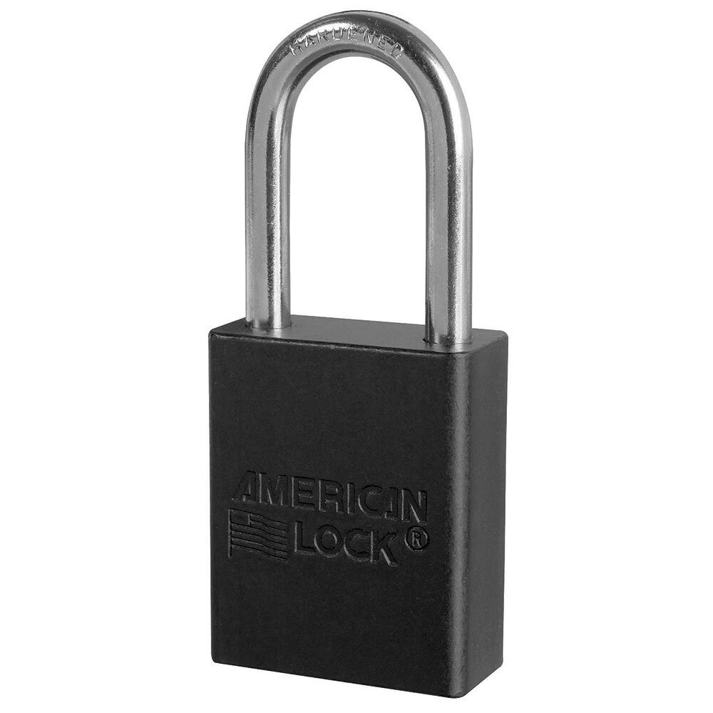 Master Lock Black anodized aluminum safety padlock, 38mm wide with 38mm tall shackle, key retaining safety...