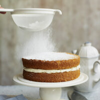 cake being dusted with white icing powdered sugar