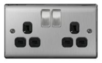 NEXUS BRUSHED STEEL 13A 2 GANG SWITCHED SOCKET BLACK
