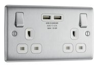 NEXUS BRUSHED STEEL 13A 2 GANG SWITCHED  SOCKET+2XUSB 3.1A OUTLETS WHITE INSERT