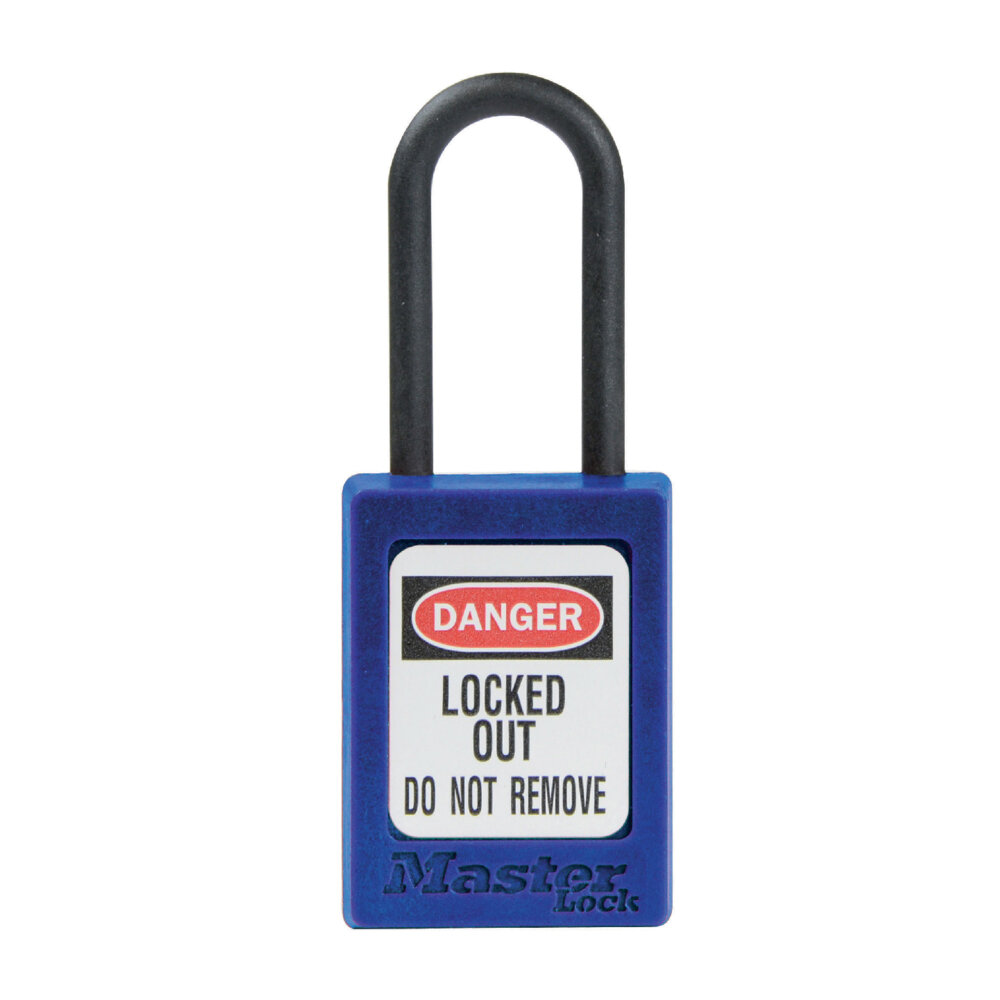 Master Lock Blue dielectric Zenex™ thermoplastic safety padlock, 35mm wide with 38mm tall nylon shackle,...