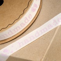 Printed 'Hand Made' Baby Footprint Cotton Ribbon Pink - 16mm x 10m