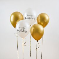 Gold & Pearl 'Happy Birthday' 12" Latex Balloons - Pack of 5