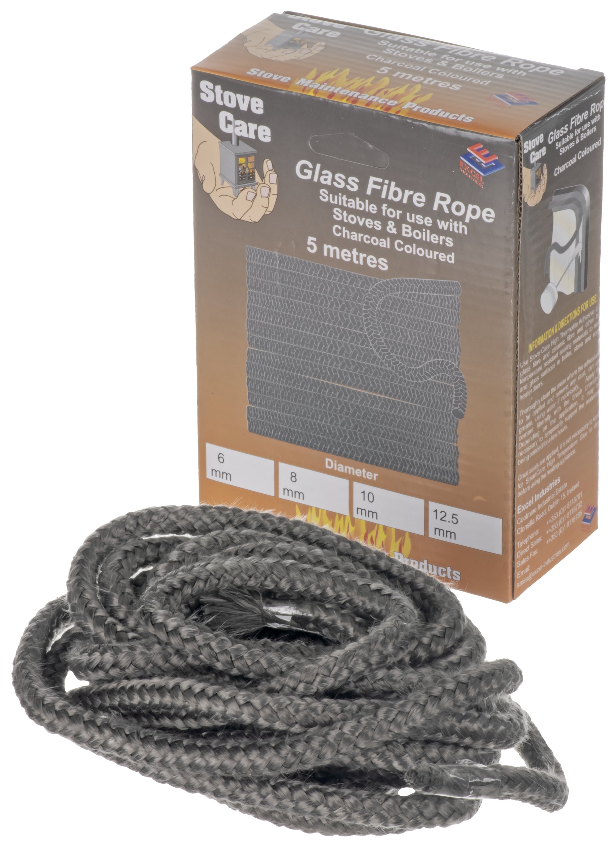 Stove Care 5M length of 12.5mm Glass Fibre Rope Charcoal