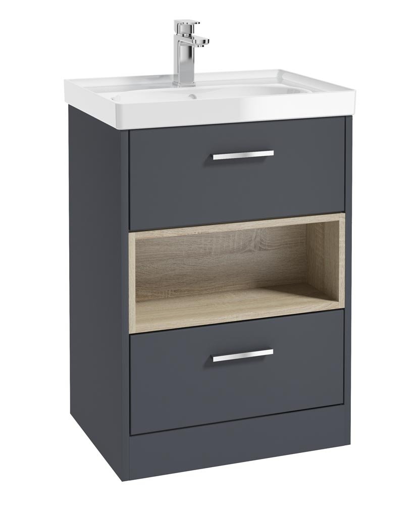 MALMO 60CM TWO DRAWER FLOOR STANDING NIGHT SKY BLUE MATT VANITY UNIT GLOSS BASIN - BRUSHED CHROME HANDLE