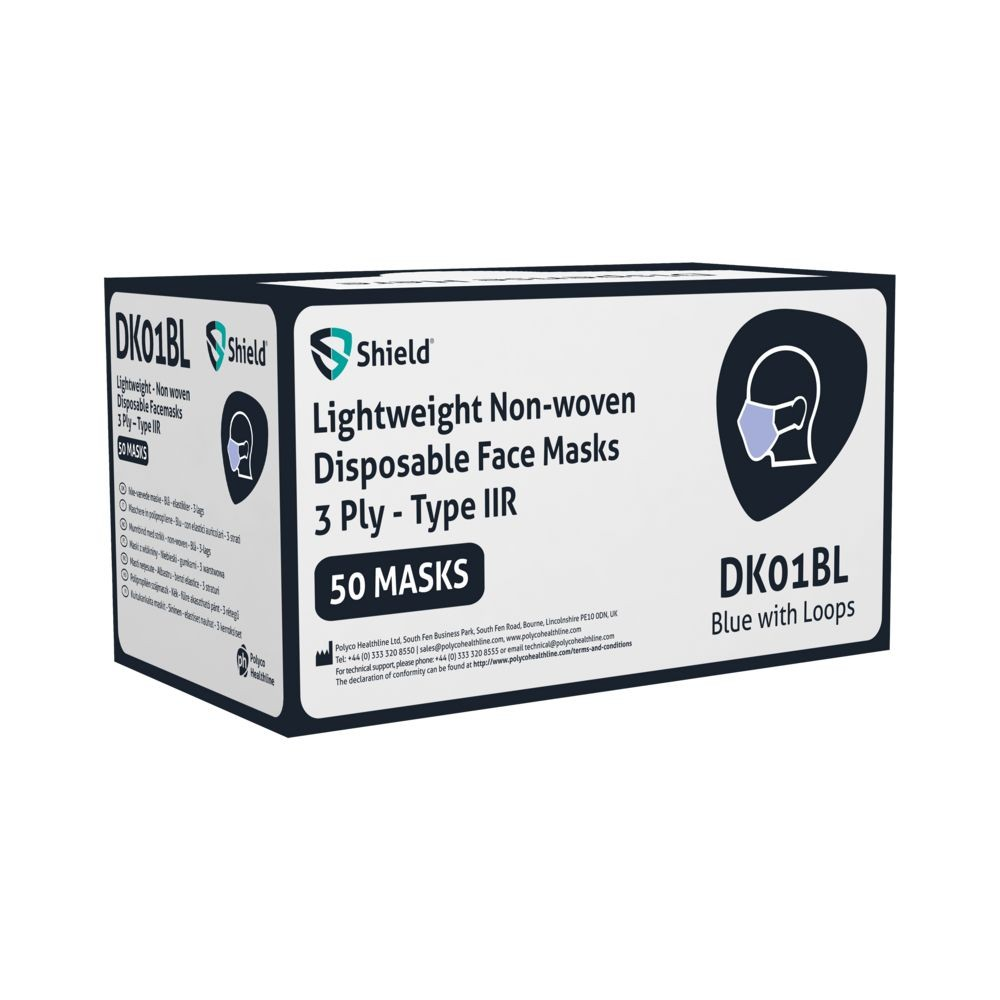 SHIELD BLUE 3PLY TYPE IIR EAR LOOP DISPOSABLE FACE MASKS 