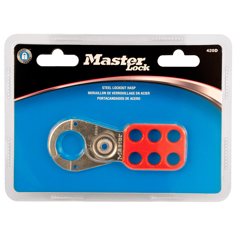 Master Lock Steel lockout hasp in carded packaging, 25mm jaw clearance