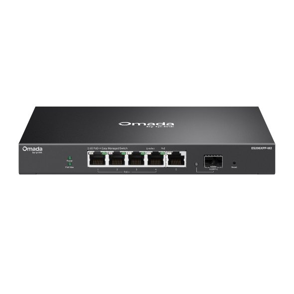 TP Link ES206XPP M2 5 port 2.5 gigabit PoE plus managed switch front panel view with RJ45 ports and status indicator