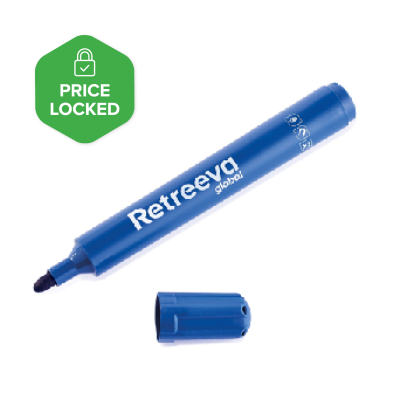 Blue metal and X-ray detectable permanent marker pen with cap removed, showing bullet tip and separate cap, branded Retreeva.