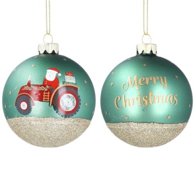 Santa on Tractor Matte Green Glass Bauble