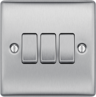 BG Electrical Screwless Flat Plate Triple Light Switch, Brushed Steel, 2-Way, 3-Gang,10AX