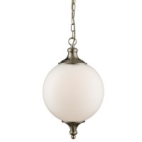 VULCAN 1LT PENDANT ANTIQUE BRASS OPAL GLASS BALL SHADE