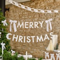 White 'Merry Christmas' Card Banner With Velvet Bows x2 2m