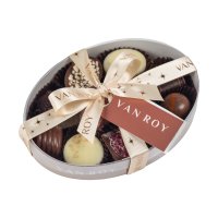 Asstd Belgian chocs in 15cm clear oval with band & decor - 10x145g