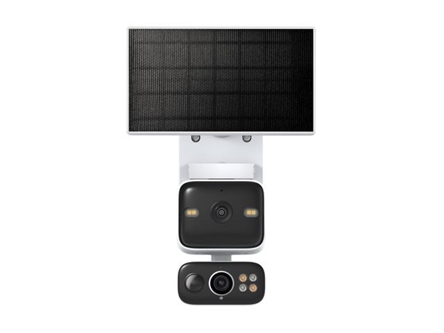 Solar-powered dual-lens pan tilt security camera mounted outdoors   