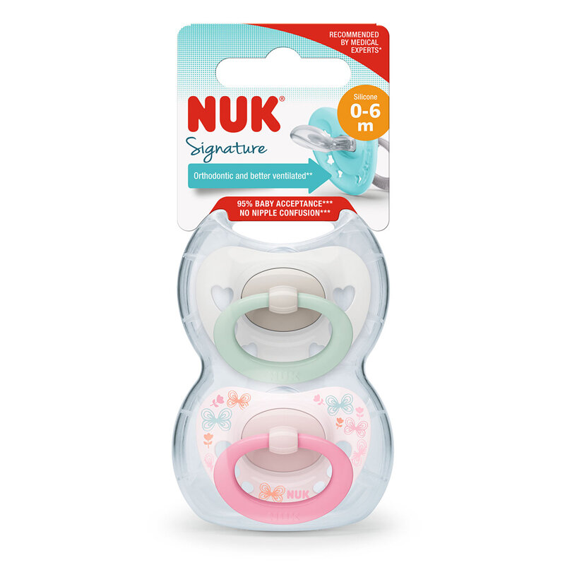 Nuk Signature Pink Twin Pack Soother Size 1 0-6 Months