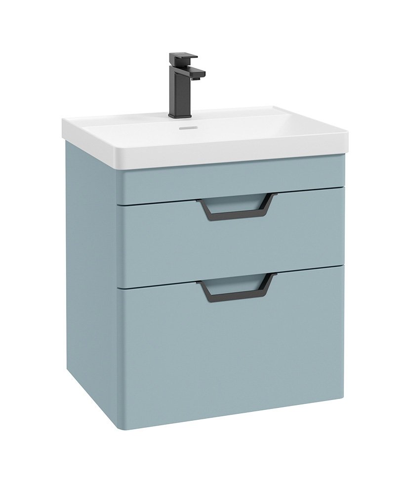 FREYA 60CM 2 DRAWER WALL HUNG VANITY UNIT MATT MORNING SKY BLUE-MATT BLACK HANDLE