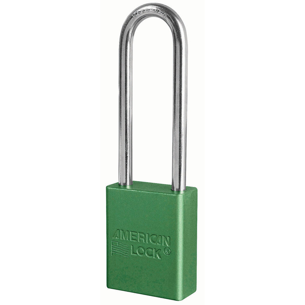 Master Lock Green anodized aluminum safety padlock, 38mm wide with 76mm tall shackle, 6-pin cylinder