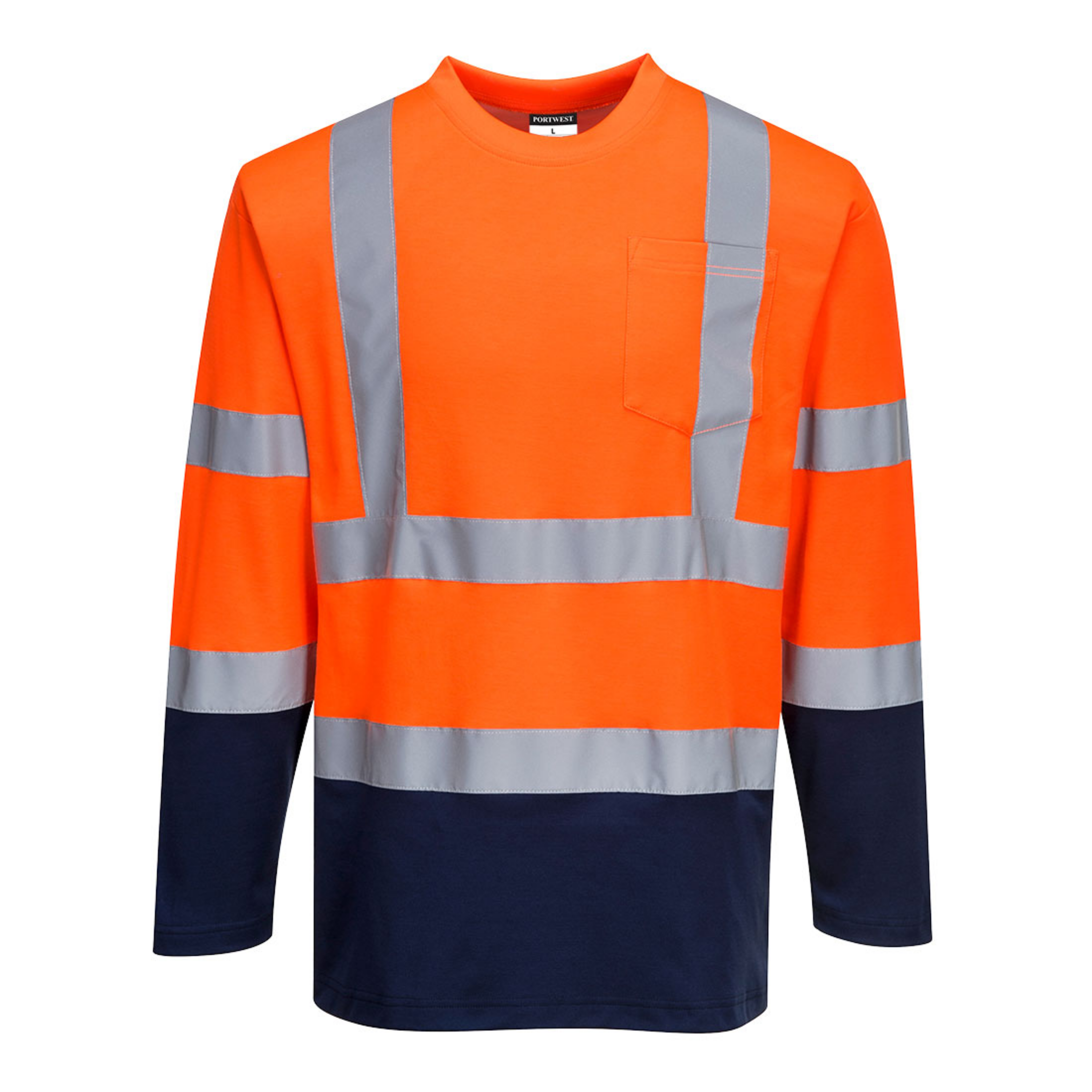 Portwest Hi-Vis Cotton Comfort Contrast T-Shirt L/S, Orange/Navy