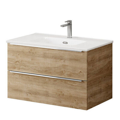 Kara 80cm 2 Drawer Wall Hung Unit & Basin - Natural Oak