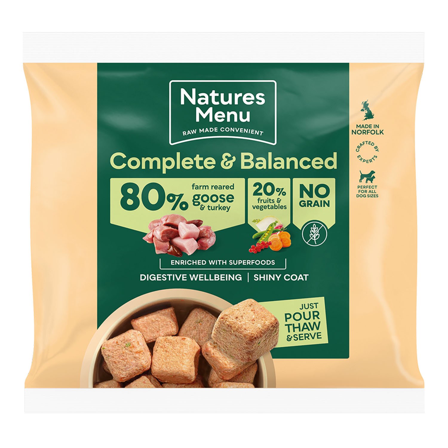 Natures Menu Frozen Dog Adult Complete and Balance 80-20 Nuggets Farm Reared Goose & Turkey With Fruits & Vegetables 1kg