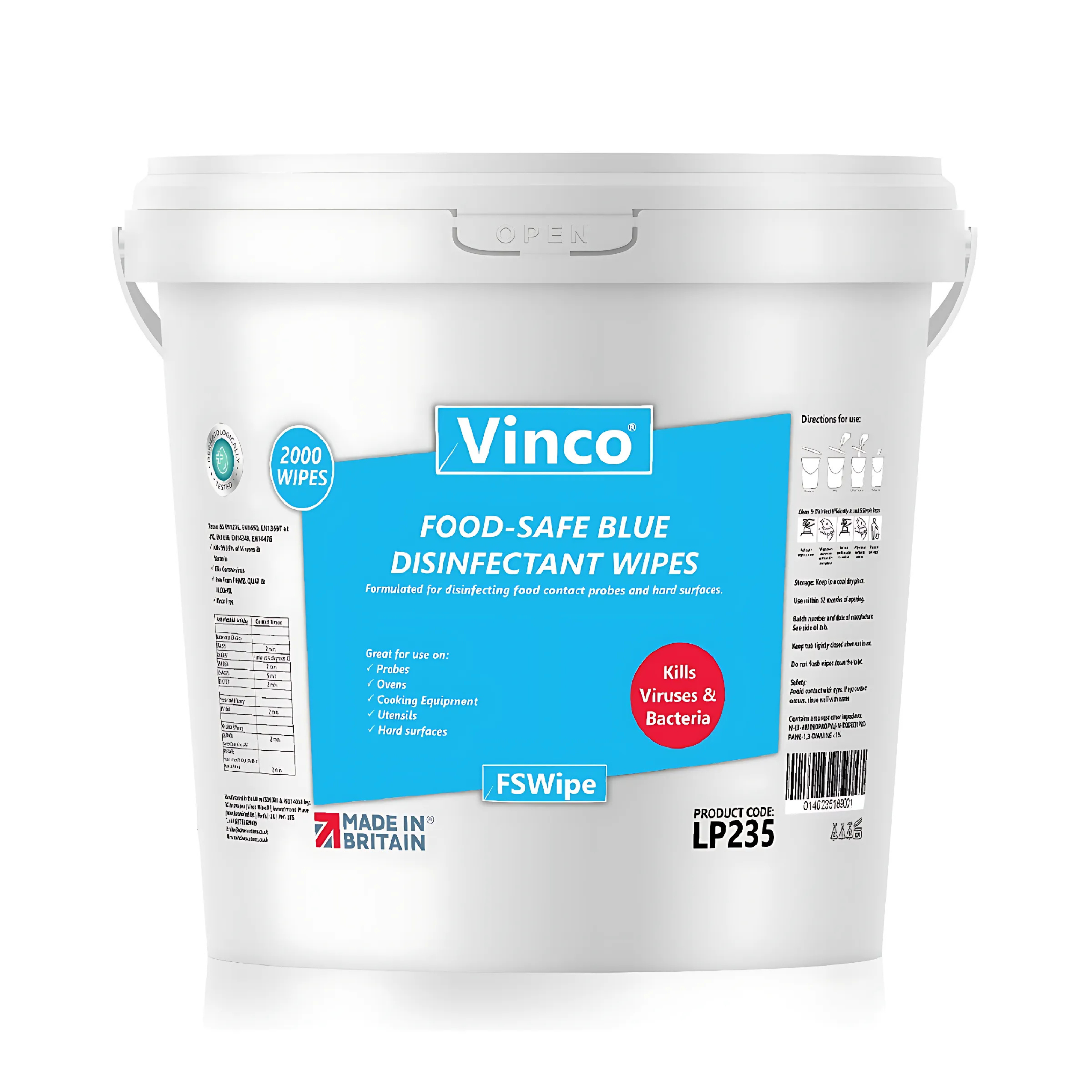 Vinco FS Wipe, Food Process Disinfecting Wipe, 2000 Sheet Blue Tub, Each