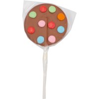 Hand decorated milk choc lollipops with beans in display - 24x50g