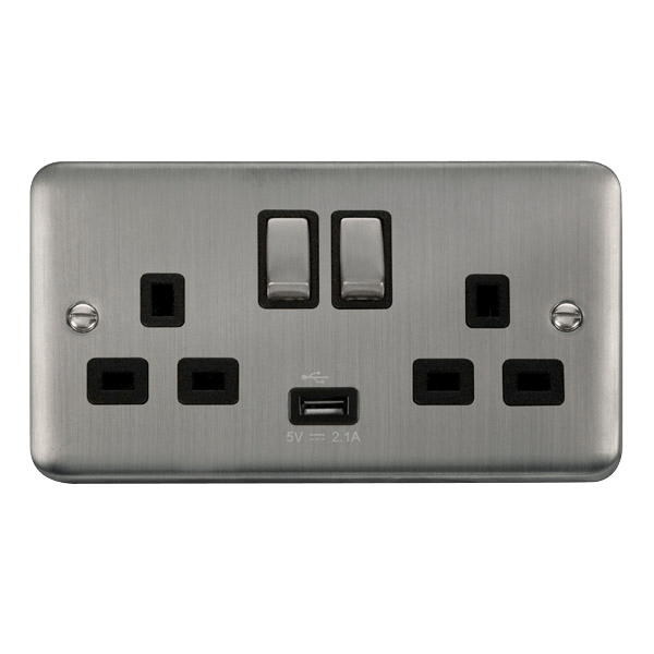 Click Deco Plus 2G DP Switched Socket C/w USB Stainless Steel Black Insert DPSS570BK