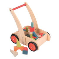 Child's wooden push-along walker with building blocks