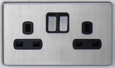DETA Screwless 2 Gang Socket Satin Chrome Black Insert | LV0201.0433