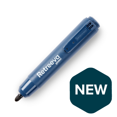 Metal detectable retractable dry-wipe marker pen in blue plastic body with rounded tip, food factory safe.