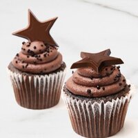 dark chocolate stars decorated on top of a chocolate cupcake with chocolate frosting