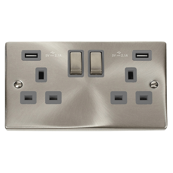 Click Deco 2G Switched Socket C/w USB satin Chrome Grey Insert VPSC580GY