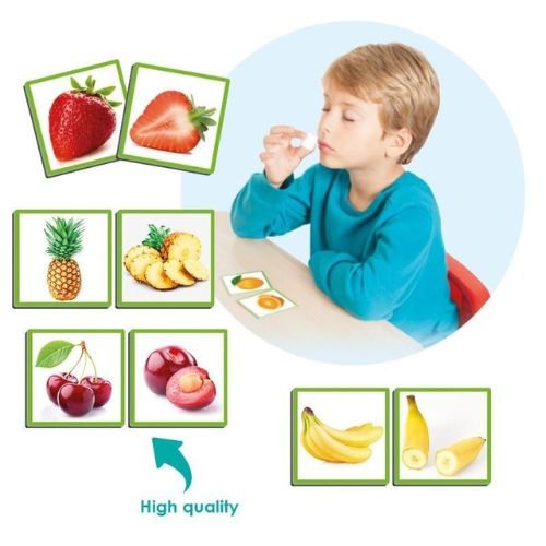 Sense of Smell - Fruits includes 12 cards (fruit exterior), 12 cards (fruit interior), 12 fruit scented aroma bottles. Sized 7cm x 7cm.