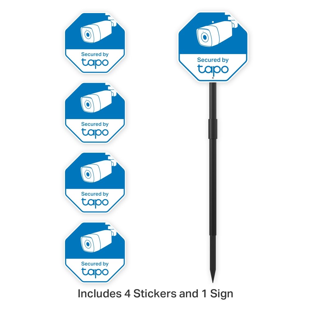 Tapo Security Sign & Sticker Pack front view showing surveillance warning sign and stickers