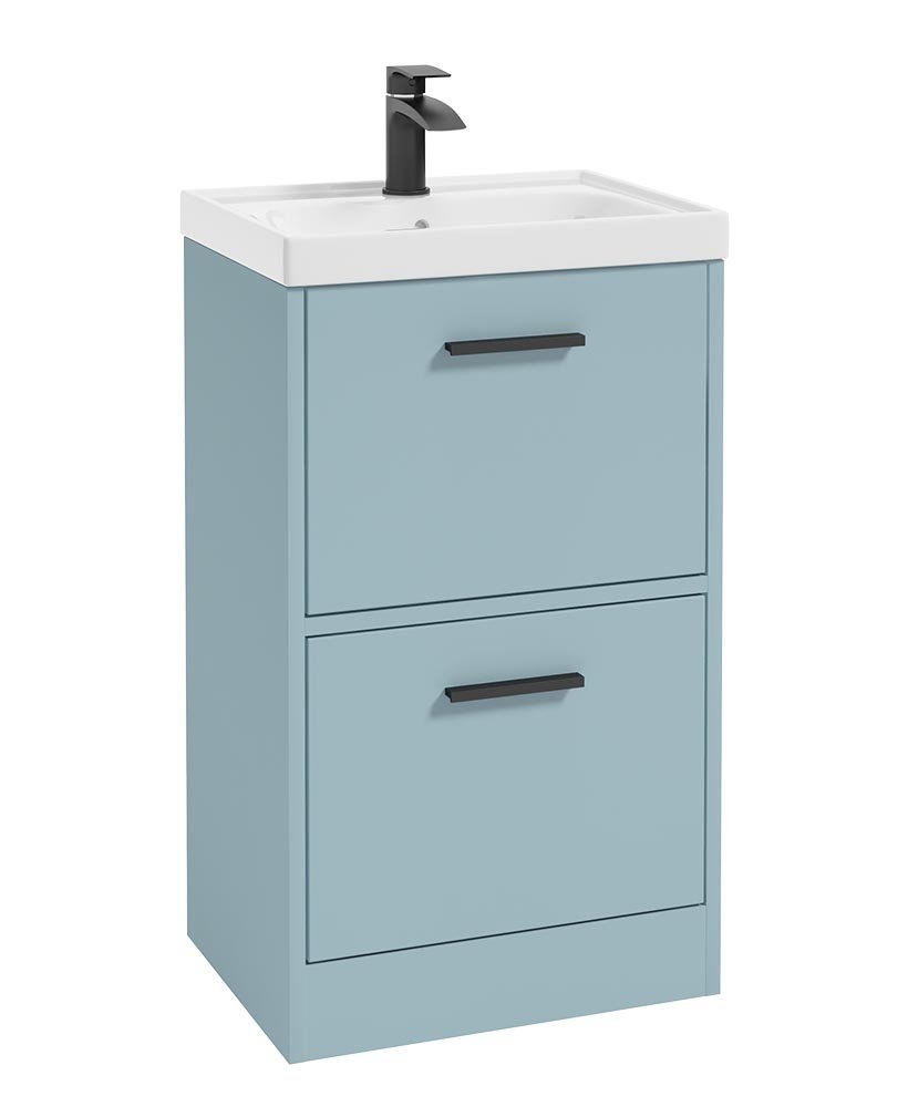 FINLAND 50CM TWO DRAWER MORNING SKY BLUE MATT FLOOR STANDING VANITY UNIT - MATT BLACK HANDLE