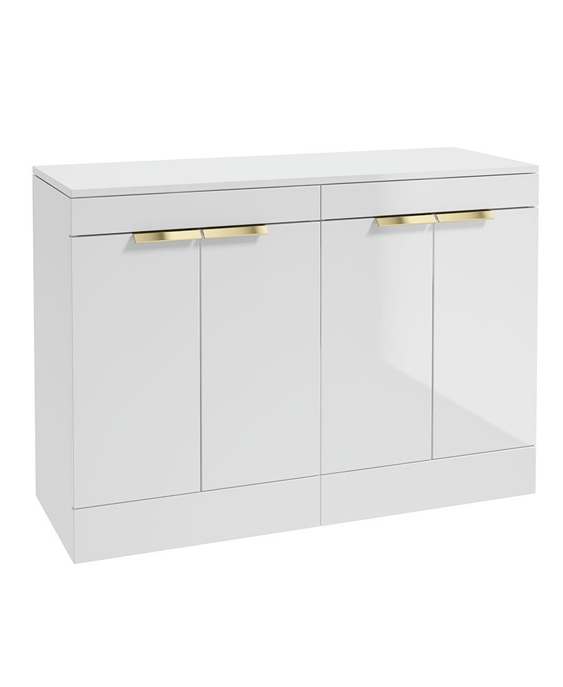 STOCKHOLM 120CM FLOOR STANDING FOUR DOOR GLOSS WHITE  COUNTERTOP VANITY UNIT - BRUSHED GOLD HANDLE