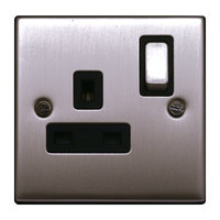 FEP Low Profile Satin Chrome 13A 1G DP Switch Socket Black Insert Chrome Switch | LV0801.0013