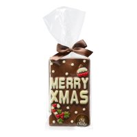 Decorated milk choc bar with Merry Xmas design in cello bag 8x150g